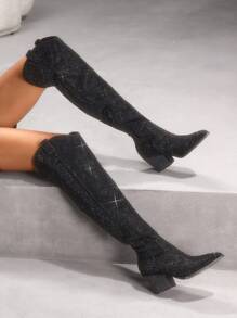 CUCCOO SZL Giày bốt cao cổ kiểu miền Tây màu đen đính sequin và đá quý dành cho nữ, hoàn hảo cho lễ hội âm nhạc, tiệc tùng, kỳ nghỉ, lễ Halloween, lễ Phục sinh, Giáng sinh. - màu đen - Xem 3