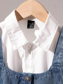 SHEIN Playful Pals 3pcs Young Girl Denim Jumper Blouse And Fringe Hem Pants Set - Medium Wash - View 5
