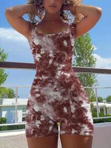 INAWLY Bộ đồ liền thân không tay in họa tiết Tie Dye dành cho nữ - màu nâu - Xem 3