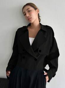 DAZY Women Casual Solid Color Double-Breasted Short Trench Coat,Fall Clothes Jacket - Black - View 4