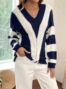 SHEIN LUNE Plus Size Women Blue & White Striped V-Neck Long Sleeve Sweater Autumn Pullover