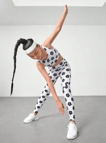 SHEIN Conjunto de 2 piezas de top de tirantes y leggings con estampado floral transpirable y que absorbe la humedad, adecuado para gimnasia, yoga, danza y deportes, para niñas preadolescentes, apto para todas las estaciones