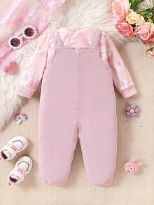 Bộ 2 áo dài tay in hoa dễ thương cho bé gái và quần yếm nhung kẻ, Thu/Đông - Hồng - Xem 2