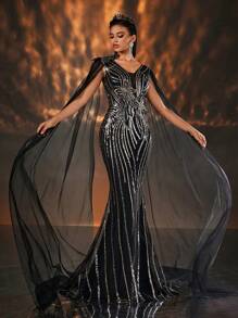 SHEIN Belle Elegante y hermoso vestido largo de gasa con cuello en V, con mangas largas, con diseño de flores de lentejuelas negras de lujo, apropiado para bodas, eventos, fiestas, ceremonias de graduación, cenas de gala (estilo de industria pesada), vestido de invitada de boda, vestido de noche formal - Negro - Ver 1