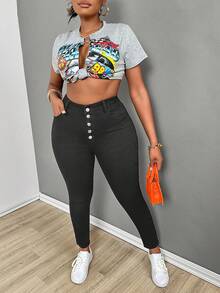 SHEIN SXY Quần Jeans Co Giãn Màu Đen Ôm Body Gợi Cảm Cỡ Lớn - Màu xám đen - Xem 3