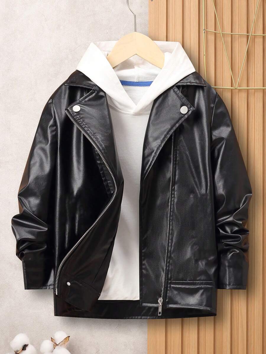 SHEIN 1 chiếc áo khoác lót nhiệt mát mẻ thường ngày cho bé trai tuổi teen, áo khoác xe máy phong cách đường phố có cổ bẻ, thích hợp cho mùa đông, tiệc tùng và các hoạt động ngoài trời - màu đen - Xem 1