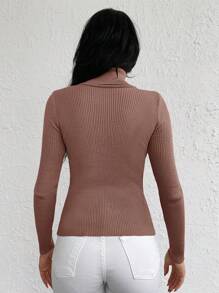 EURMUSE Solid Turtleneck Rib Knit Jumper - Pink - View 2