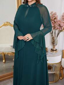 Modelyn Vestido largo elegante de talla grande para mujer con mangas acampanadas decoradas con perlas falsas de malla, vestidos línea A elegantes para fiesta de noche/invitado de boda/vestidos largos de noche para aniversario - Verde Oscuro - Ver 6