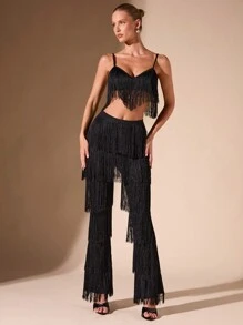 SHEIN BAE Conjunto de 2 piezas de unicolor con flecos para otoño/invierno - Pantalones con flecos y top de tirantes, elegante para salir de noche, cita, disfraz para mujeres - Negro - Ver 3