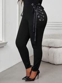 SHEIN Lady 秋冬优雅黑色针织系带长款大码打底裤 - 黑色 - 查看 5