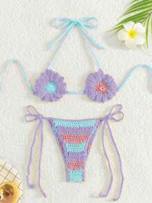 Swim Mod 女士花卉印花吊带前系带上衣和侧系带分体泳衣套装夏季 - 彩色 - 查看 1