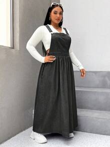 SHEIN EZwear Plus Size Casual Denim Dress With Button-Down, Gathered Waist & Pockets - Black - View 5