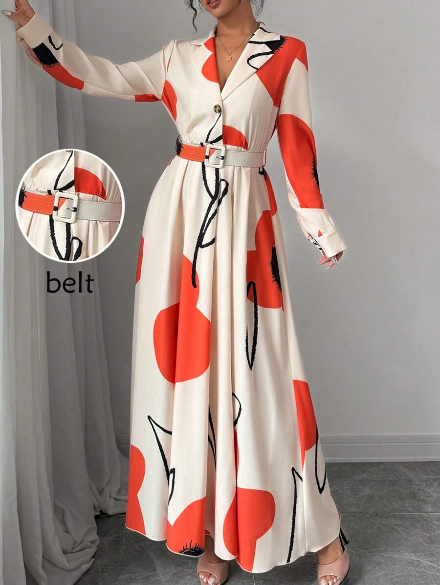 Chiquease Women's Lapel Neck Long Sleeve Button Front Allover Print Swing Dress Maxi Women Outfit Fall Cloth For Women