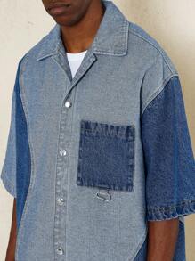 SUMWON Boxy Fit Short Sleeve Two Tone Curvy Denim Shirt - Blue - View 3