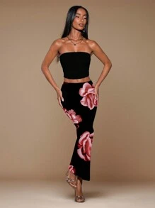 SHEIN BAE 1 套女士休闲纯色抹胸上衣和花卉印花长裙套装，适合度假 - 黑色 - 查看 5