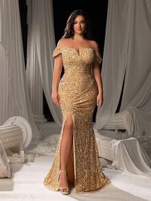 Faeriesty Vestido sereia com lantejoulas e ombros de fora, coxa dividida, elegante vestido de baile formal, para convidados de casamento, formatura, jantar - Champagne - Ver 7