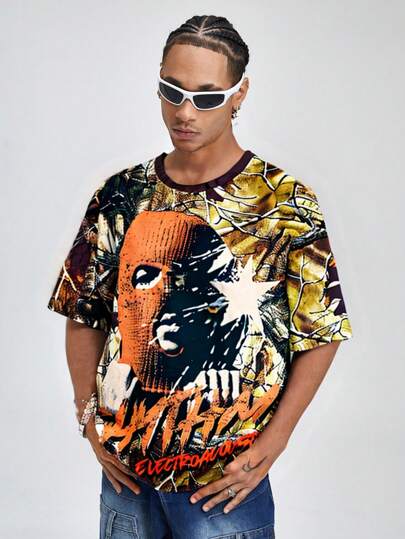 Street Life Men's Short Sleeve T-Shirt With Pentagram & Slogan Print, Suitable For Spring And Summer