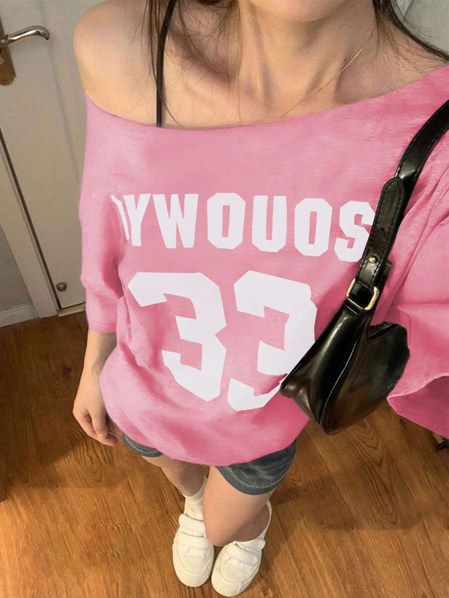 INAWLY 女士休闲宽松不对称领口数字印花短袖 T 恤，夏季图案 T 恤女式上衣