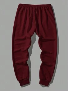 RueChic Men's Drawstring Waist Jogger Pants With Letter Applique - Burgundy - View 4