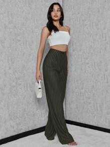 SHEIN Tall Women's Striped Navy Blue Pants - Army Green - View 3
