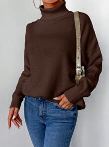 EURMUSE Women's Solid Color Turtleneck Long Sleeve Casual Sweater - Chocolate Brown - View 4