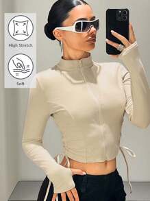 SHEIN ICON Casaco Cropped Slim Fit com Zíper de Manga Longa e Cor Sólida, Conjunto Casual Esportivo de Outono para Mulheres Estilo Y2k - Damasco - Visão 8