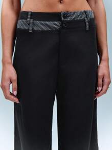 SHEIN Unity Stripe Spliced Double Waist Wide Leg Pants - Black - View 7