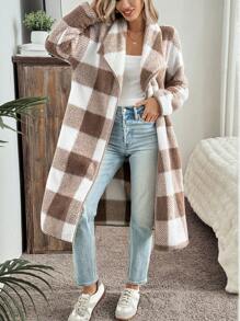 SHEIN LUNE Chaqueta de punto a cuadros de largo medio y casual regular para mujer, para otoño e invierno - Albaricoque - Ver 6