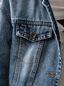 SHEIN Tween Girls Casual Loose Fit Hooded Washed Denim Jacket, Versatile Spring & Autumn Design - Medium Wash - View 3