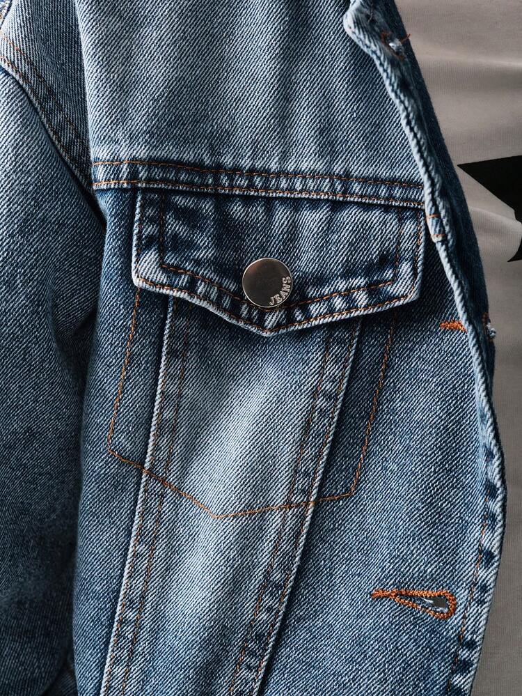 SHEIN Tween 女童休闲宽松连帽洗水牛仔夹克，百搭春秋款式 - 中等水洗藍 - 查看 3