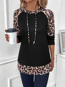 EMERY ROSE Halloween Leopard Print Raglan Sleeve Patchwork Loose Casual Women Sweatshirt Pullover Fall Sweatshirt - Black - View 4