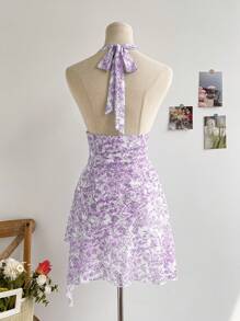 Soleia Váy ngắn ngày lễ lãng mạn, cổ chữ V, buộc lưới, kẻ sọc hoa cổ điển - Màu tím hoa cà - Xem 2