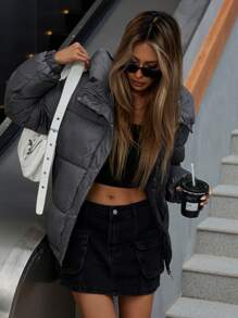 Aveloria Affinna Women's Casual Grey Hooded Loose Short Padded Padded Coat With Side Pockets, Lightweight & Thick, Long Sleeve, Winter Clothes  - Dark Grey - View 6