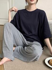 DAZY 2 Stücke Damen Sommer einfarbiges Set aus Rundhals Lässig Top und weiter Hose, Homewear Set Pyjama - marineblau - Übersicht 1