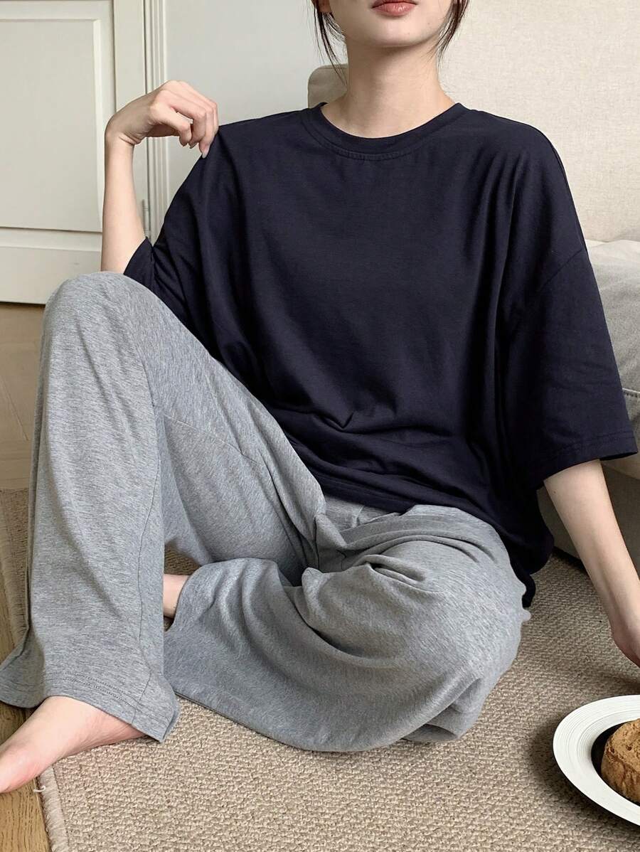 DAZY 2 Stücke Damen Sommer einfarbiges Set aus Rundhals Lässig Top und weiter Hose, Homewear Set Pyjama - marineblau - Übersicht 1