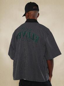 SUMWON Boxy Fit Zip Through Pinstripe Shirt With Back Embroidery - Black and White - View 1
