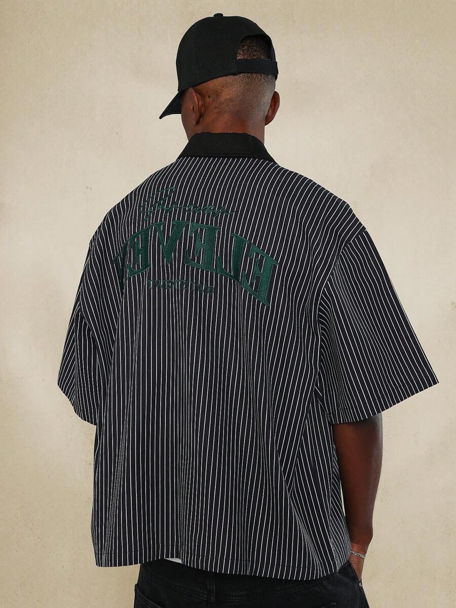 SUMWON Boxy Fit Zip Through Pinstripe Shirt With Back Embroidery - Black and White - View 1