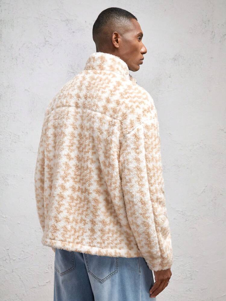 Men's Loose Knit Casual Stand Collar Cardigan Jacket, Suitable For Autumn/Winter, Camel Color, Metal Decor, Herringbone Plush Fabric