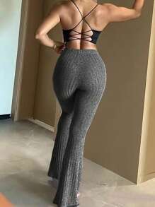 Mujeres Leggings acampanados de ajuste ceñido de un solo color acanalado - Gris Oscuro - Ver 2