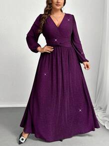 SHEIN Privé Vestido morado de manga larga fluido y holgado con giro romántico, elástico y metálico elegante y de lujo para fiestas y eventos de talla grande para mujer - Morado - Ver 6
