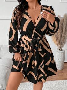 SHEIN Frenchy Plus Size V-Neck Long Sleeve Fashion Tie Waist All-Over Print Design Dress