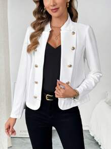 SHEIN Clasi Women's Solid Color Front Button Long Sleeve Minimalist Jacket, Casual Daily Wear - White - View 1
