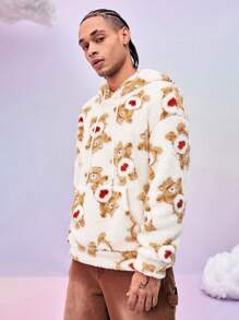 SHEIN X Care Bears Sweatshirt à capuche en molleton ours en peluche avec imprimé ours de dessin animé pour homme, casual, automne et hiver - Nude - Voir 4