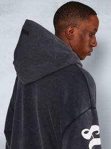 SUMWON Classic Washed Effect Hoodie Sweatshirt With Sleeve Logo Print Drawstring Kangaroo Pocket Winter Fall Streetwear Casual Loungewear Workout - Navy Blue - View 5