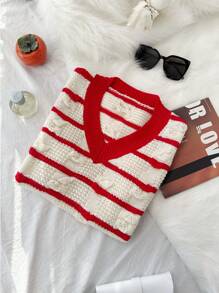 Zolique New Striped V-Neck Red And White Color Embossed Jacquard Simple Vest, Fall/Winter - Red and White - View 8