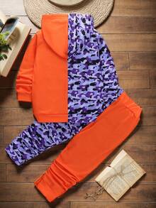 SHEIN 2pcs/Set Young Boy Casual Sports College Street Cute Ghost Face Colorblock Sweatshirt + Pants, Suitable For Daily Wear, School, Outings, Sports, Spring & Autumn - Multicolor - View 2