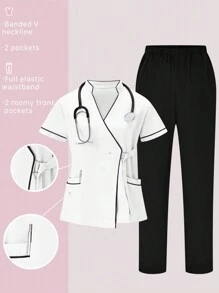 SHEIN TaskFit 2pcs Contrast Trim Casual Short Sleeve Top And Solid Color Pants Uniform Set, Scrub Sets - White - View 1