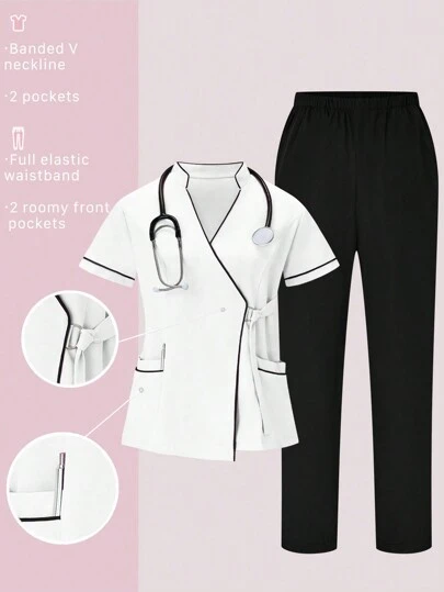 SHEIN TaskFit طقم يونيفورم ملابس علوية كاجوال ذات أكمام قصيرة مع تريم متباين وبنطلون أحادي اللون قطعتان، ملابس طبية