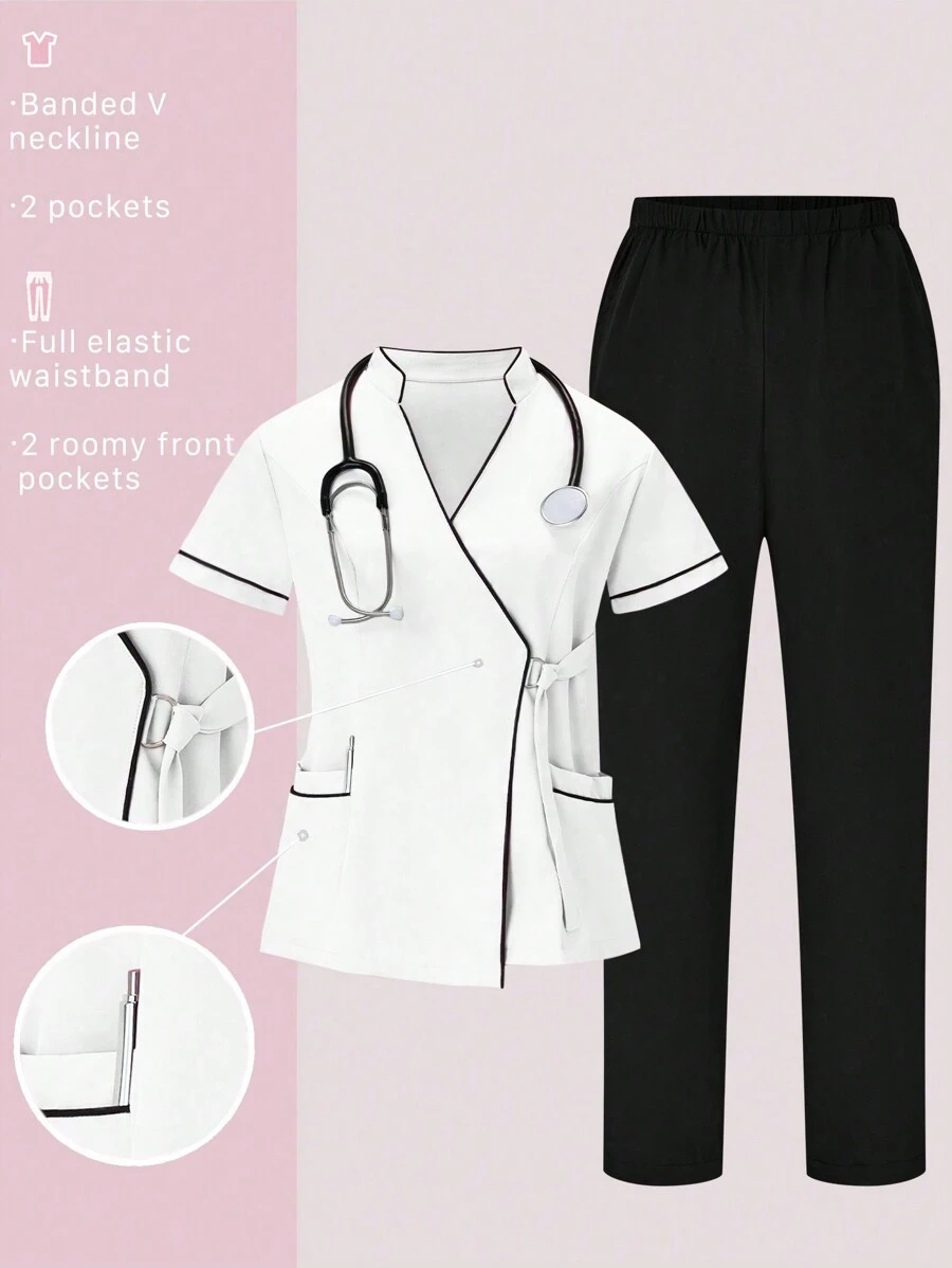 SHEIN TaskFit 2pcs Contrast Trim Casual Short Sleeve Top And Solid Color Pants Uniform Set, Scrub Sets - White - View 1