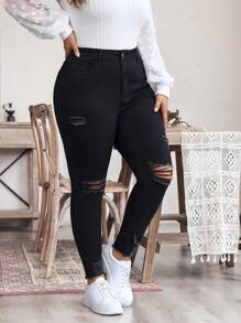 SHEIN LUNE Quần Jeans Denim Ôm Vừa Cỡ Lớn Thường Ngày Màu Trơn Co Giãn - màu đen - Xem 3